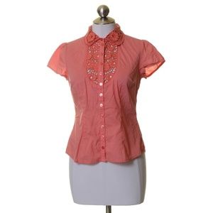 Kimchi Blue Coral Orange Eyelet Lace Cotton Button